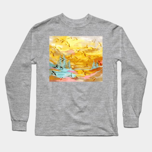 Abstract Landscape with Swallows at Sunset Long Sleeve T-Shirt by micklyn